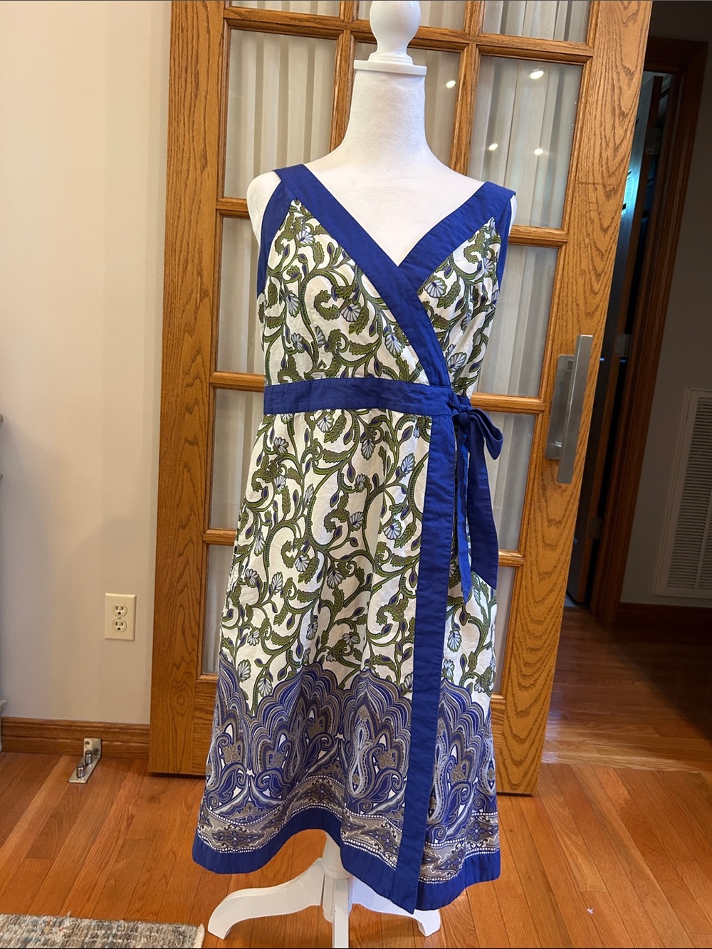 Izod Blue-Trim Green and White Floral Wrap Midi Dress